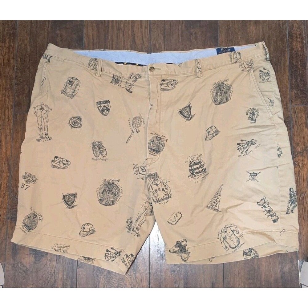 Polo Ralph Lauren Shorts Men 50 Collegiate Print Classic Fit Stretch Chino Khaki